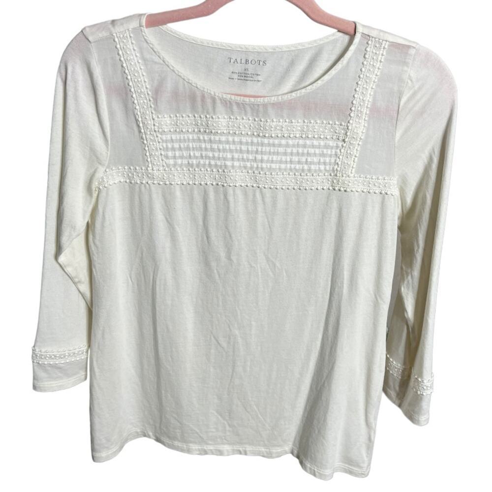 Talbots white 3/4 long sleeve tee textured embroidered panel XS